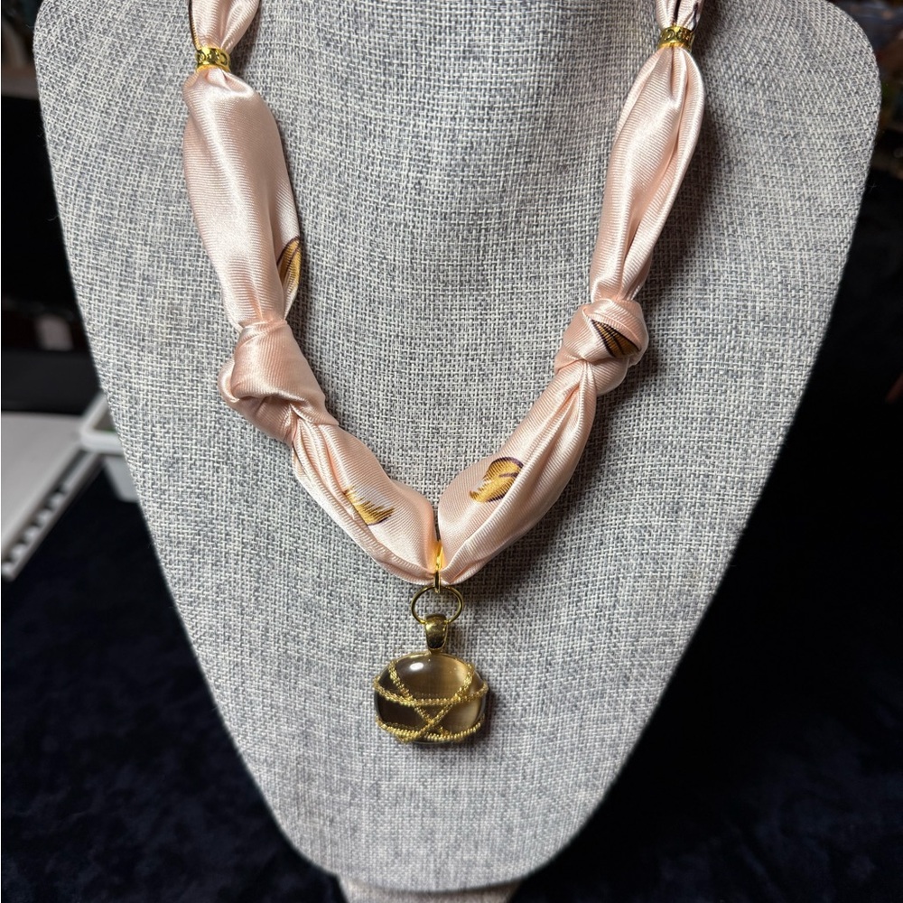 Elegant Gold and Pink Scarf Necklace with Vintage Pendant